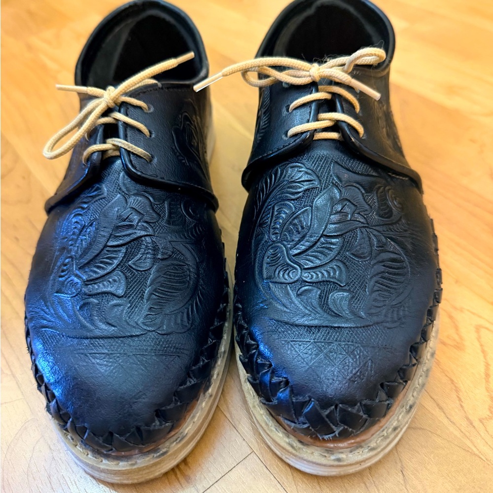 Authentic black Mexican leather platform loafers with hand tooled details